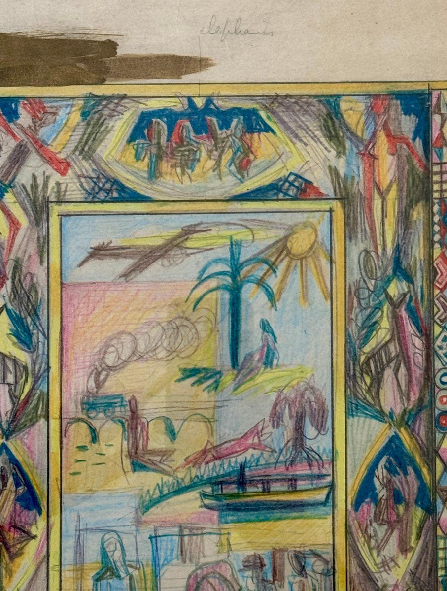 Paule And Max Ingrand, Preparatory Drawing For An Art Deco Panel "congo - Elephants" C.1940-photo-4