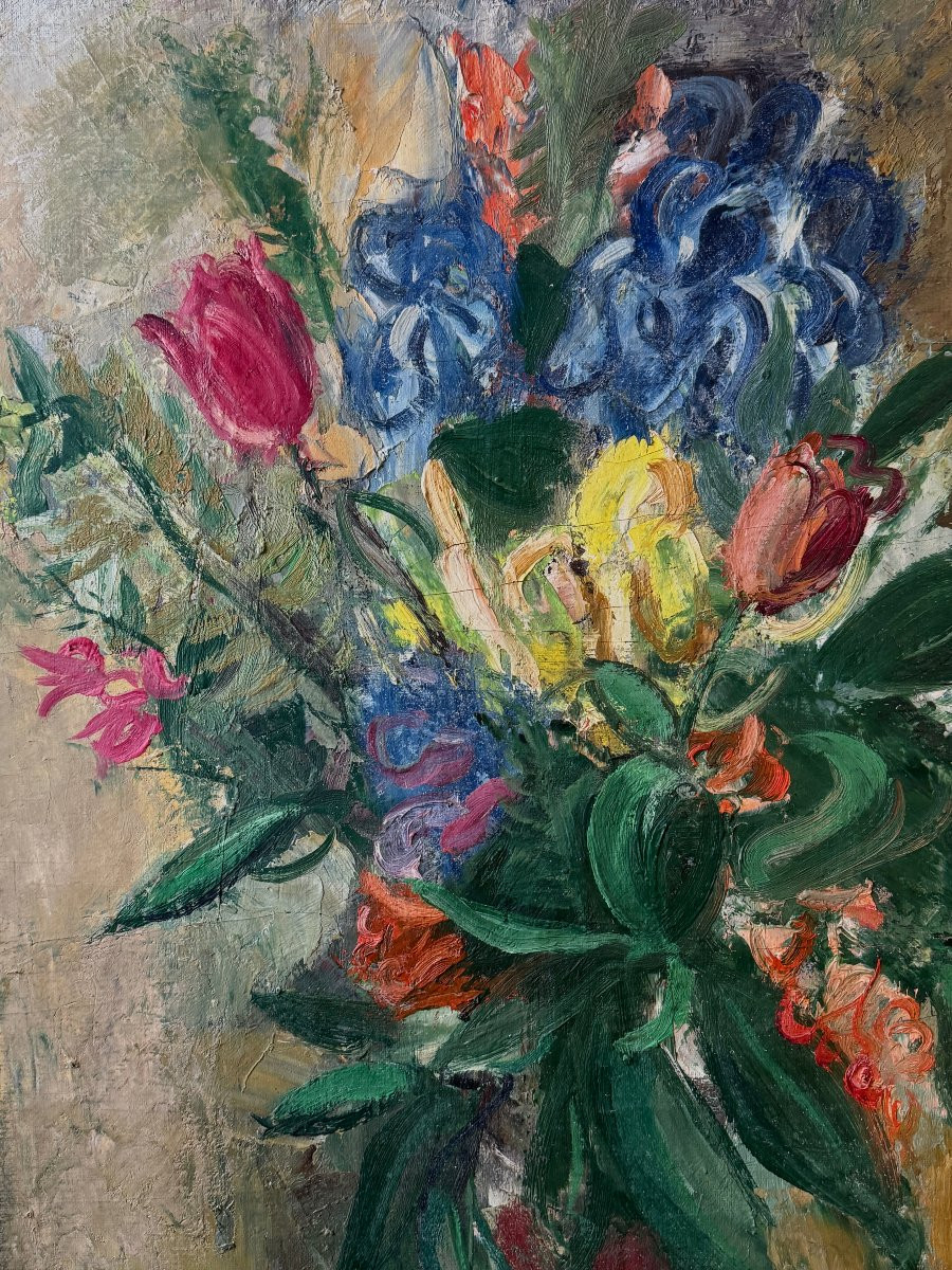 René Mels - 1940 - Large Bouquet Of Flowers - Oil On Canvas-photo-4