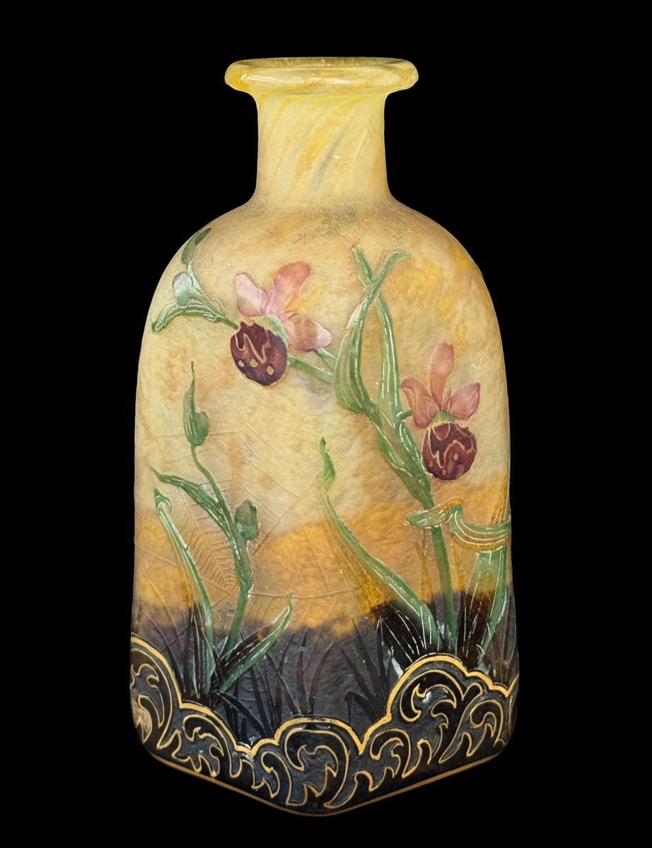 Daum Art Nouveau Enamel Vase - Decorated With Spider Web And Venus Clogs - C.1900-photo-2