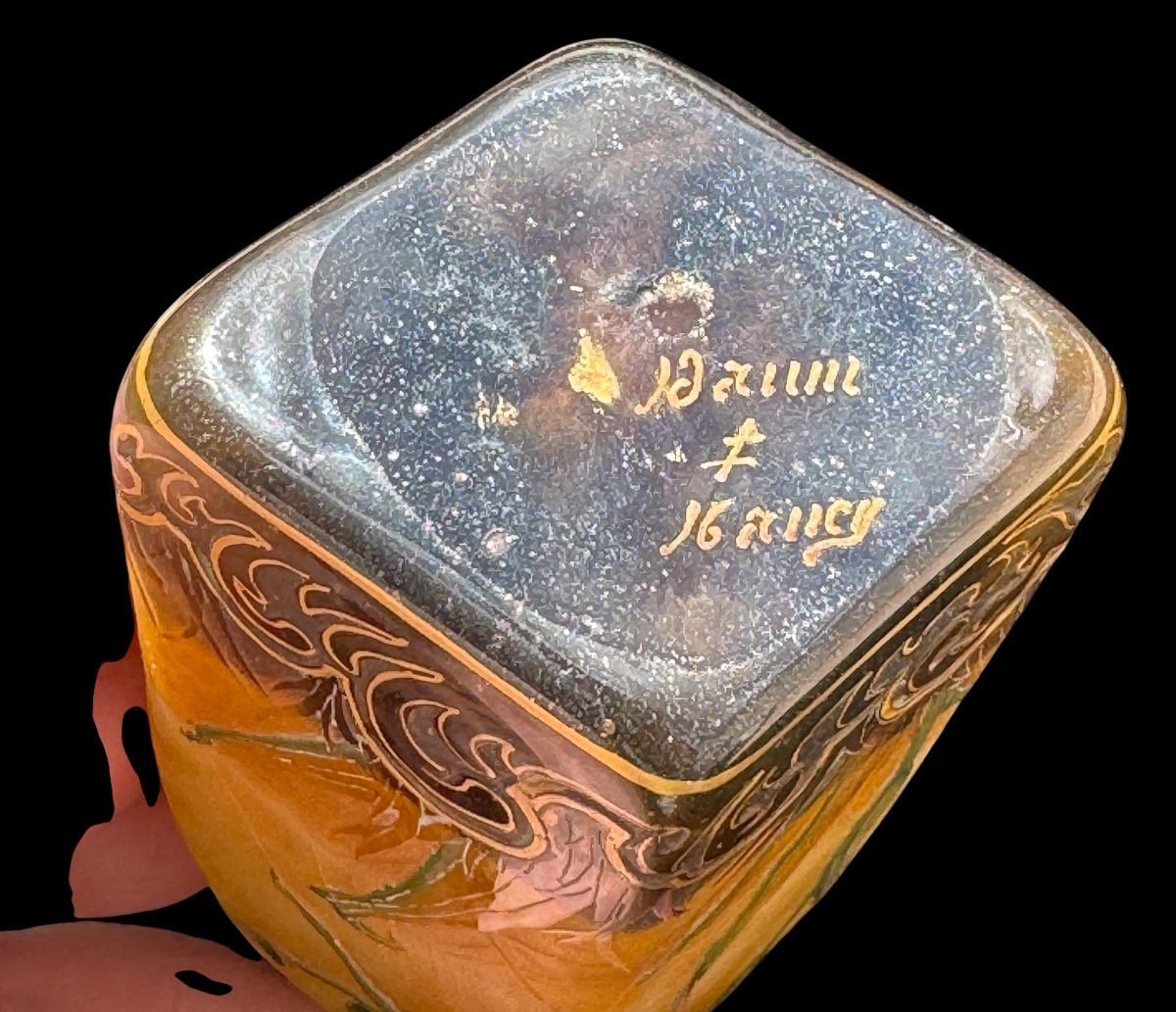 Daum Art Nouveau Enamel Vase - Decorated With Spider Web And Venus Clogs - C.1900-photo-4