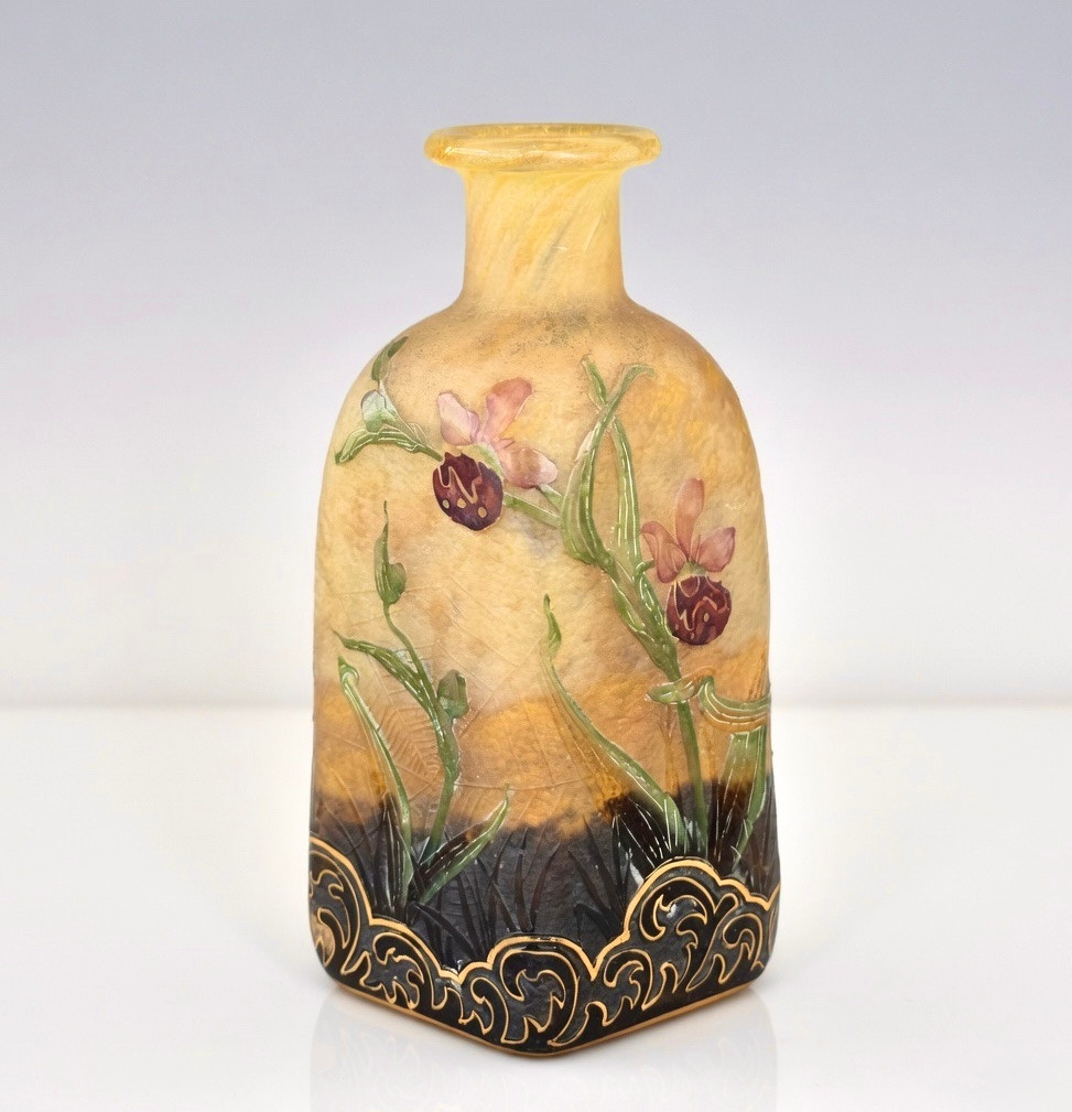 Daum Art Nouveau Enamel Vase - Decorated With Spider Web And Venus Clogs - C.1900