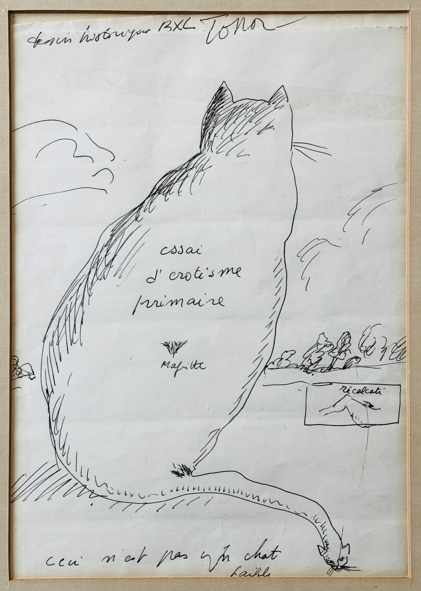 ROLAND TOPOR  " Ceci n"est pas un chat faible " Dessin original à l'encre - hommage à Magritte