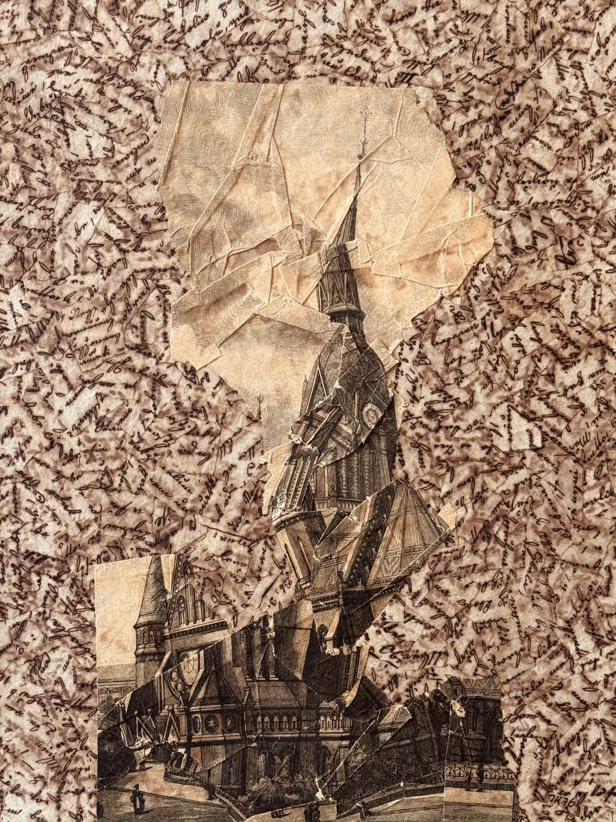 Jiri Kolar - Rare collage poétique majeur de 1976 - Gravure architecturale sur manuscrits-photo-2