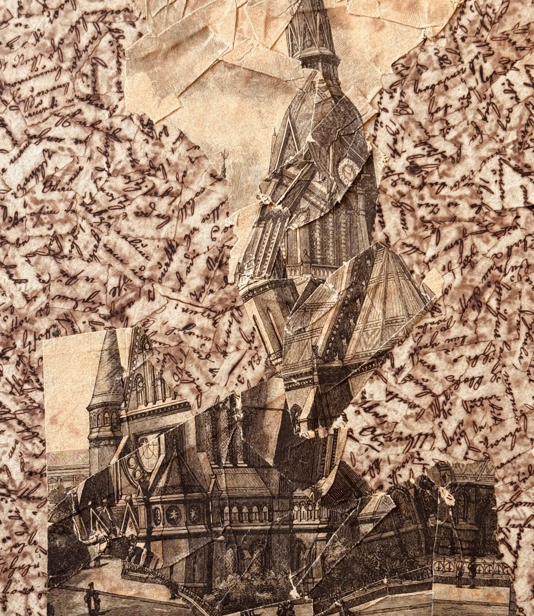 Jiri Kolar - Rare collage poétique majeur de 1976 - Gravure architecturale sur manuscrits-photo-3