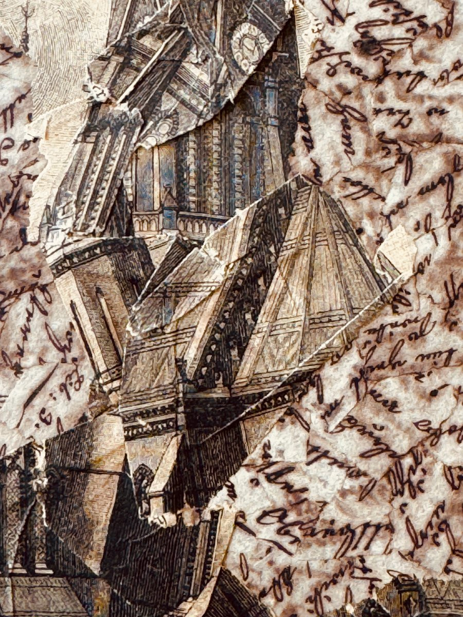 Jiri Kolar - Rare collage poétique majeur de 1976 - Gravure architecturale sur manuscrits-photo-1