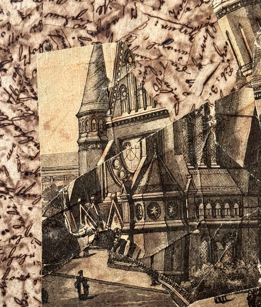 Jiri Kolar - Rare collage poétique majeur de 1976 - Gravure architecturale sur manuscrits-photo-4