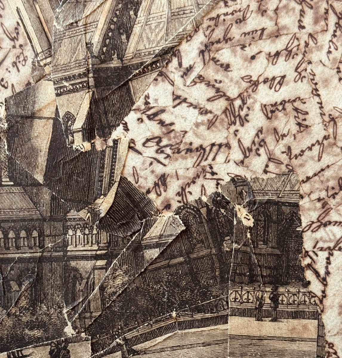 Jiri Kolar - Rare collage poétique majeur de 1976 - Gravure architecturale sur manuscrits-photo-6