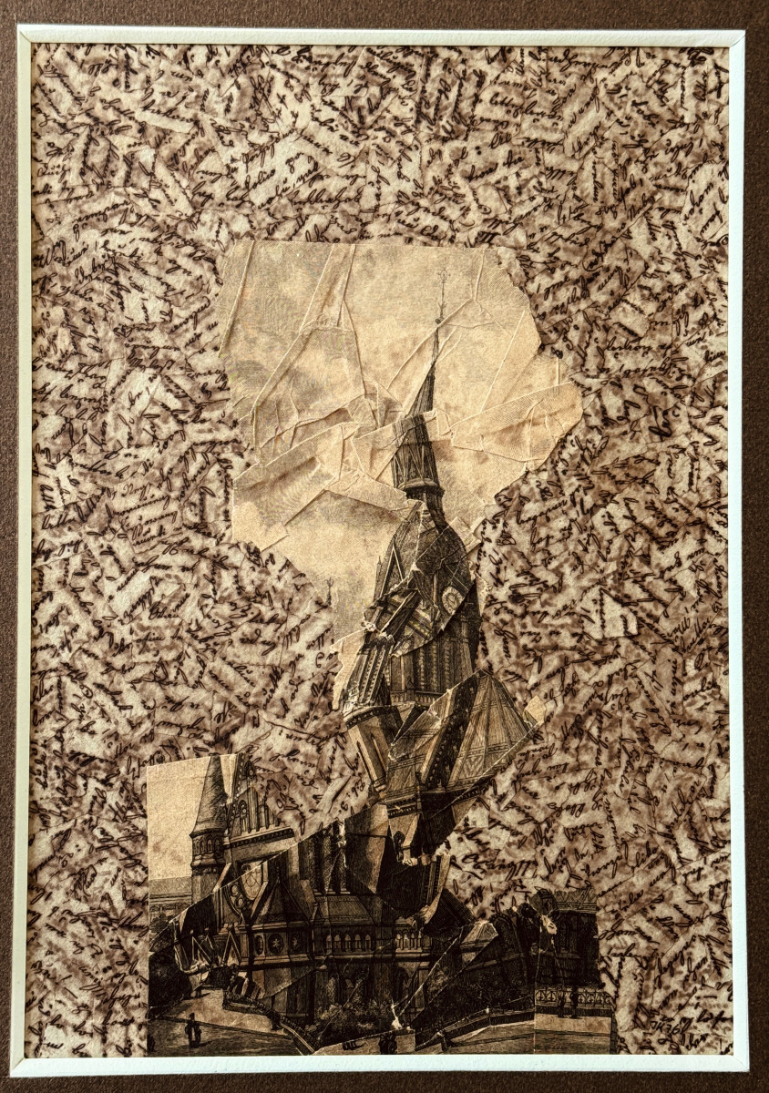 Jiri Kolar - Rare collage poétique majeur de 1976 - Gravure architecturale sur manuscrits