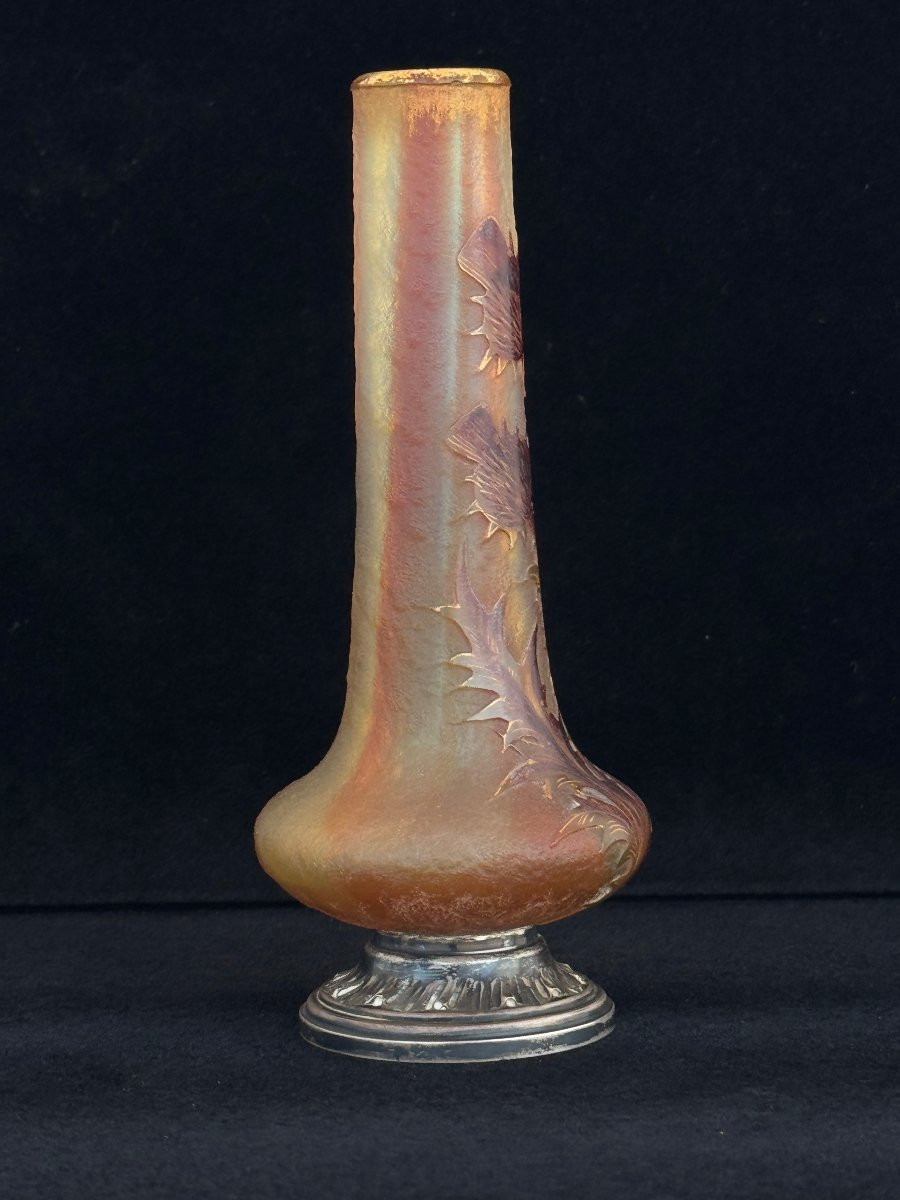 Daum Nancy - Pair Of Vases With Thistles - Circa 1895 - Mounted In Solid Minerva Silver-photo-3