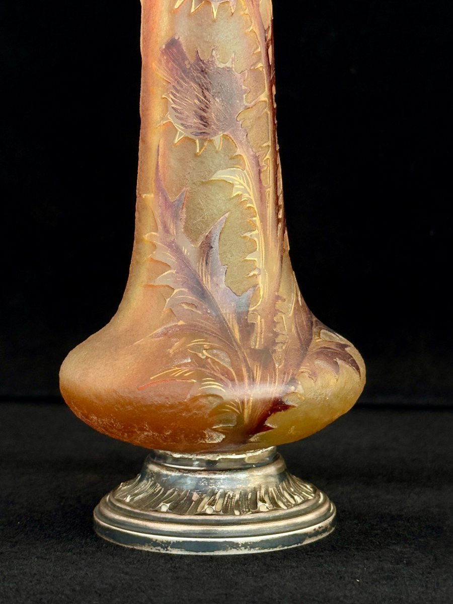 Daum Nancy - Pair Of Vases With Thistles - Circa 1895 - Mounted In Solid Minerva Silver-photo-1