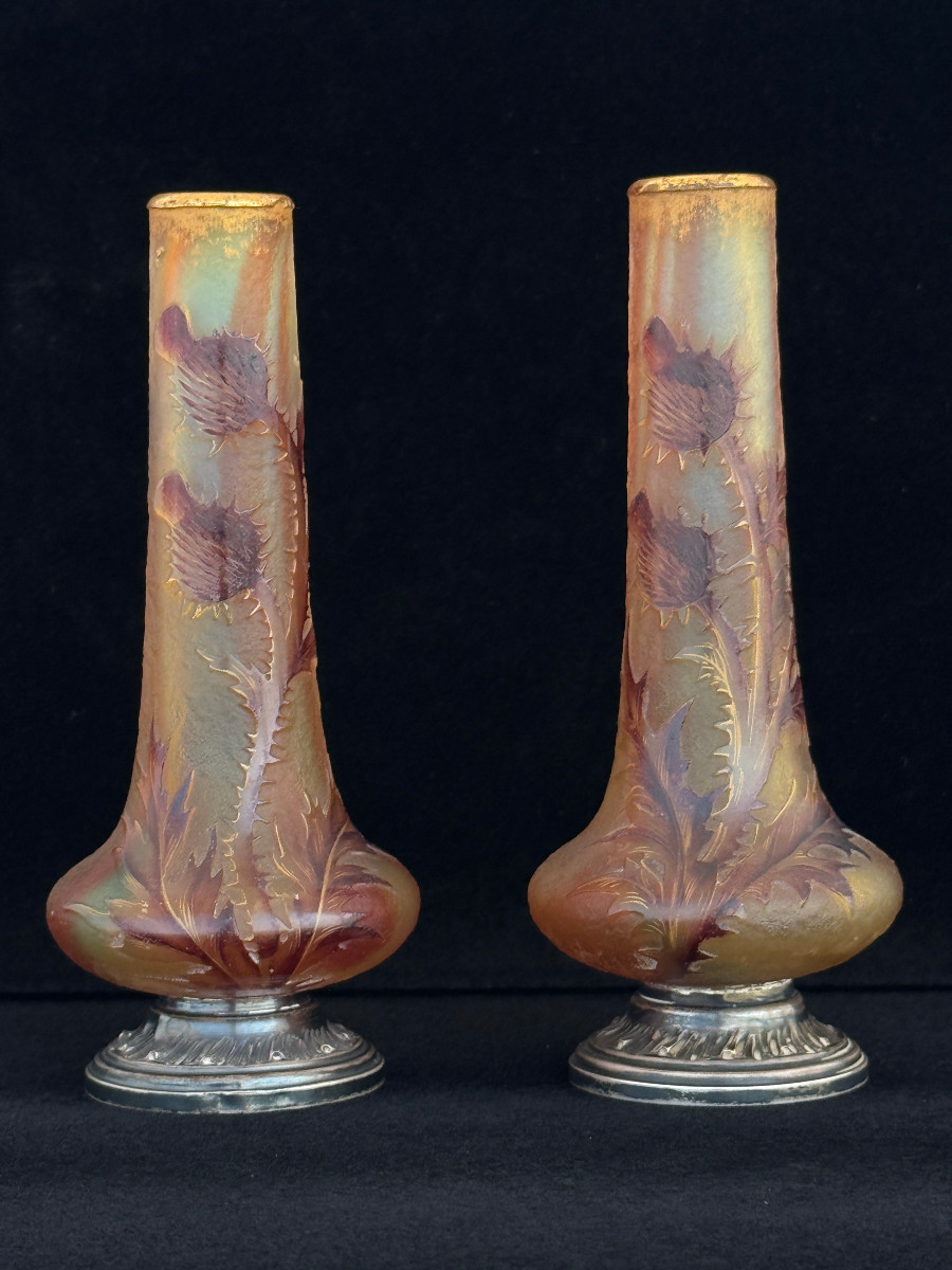 Daum Nancy - Pair Of Vases With Thistles - Circa 1895 - Mounted In Solid Minerva Silver