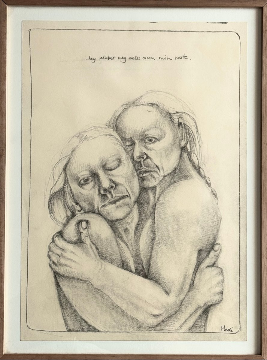 Medi Holtrop - Rare Large Drawing With Norwegian Text-photo-2