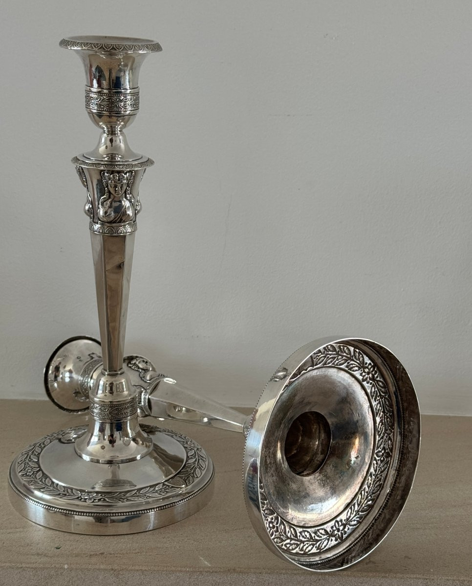 Paire de flambeaux en argent massif d'époque Empire retour d'Egypte par JPN Bibron 1798-photo-3