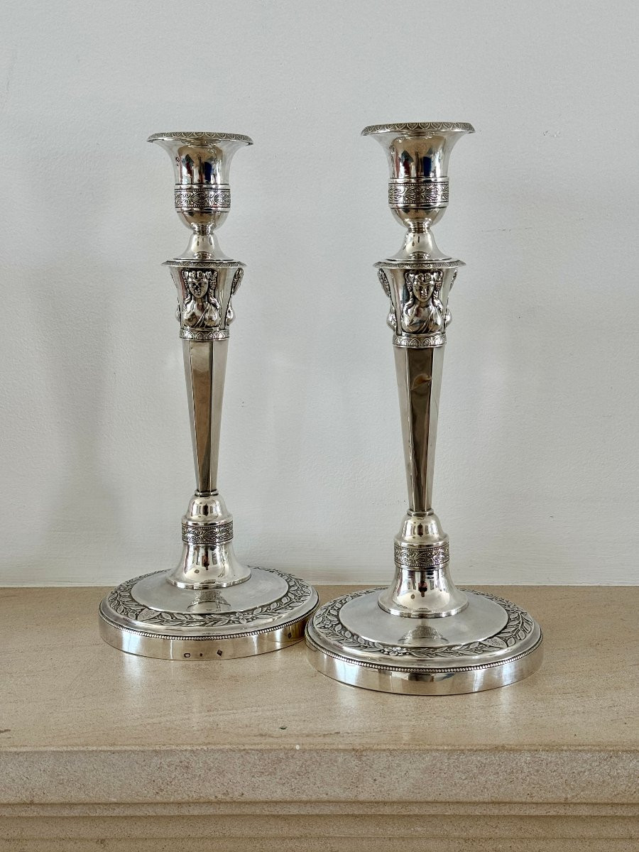Paire de flambeaux en argent massif d'époque Empire retour d'Egypte par JPN Bibron 1798-photo-4