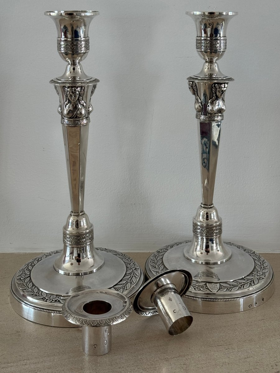 Paire de flambeaux en argent massif d'époque Empire retour d'Egypte par JPN Bibron 1798-photo-4