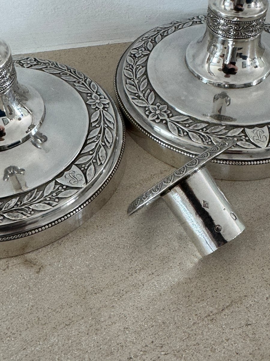 Paire de flambeaux en argent massif d'époque Empire retour d'Egypte par JPN Bibron 1798-photo-6