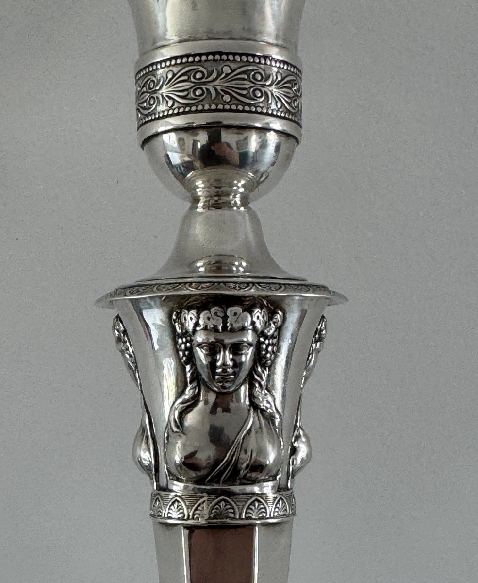 Paire de flambeaux en argent massif d'époque Empire retour d'Egypte par JPN Bibron 1798-photo-7