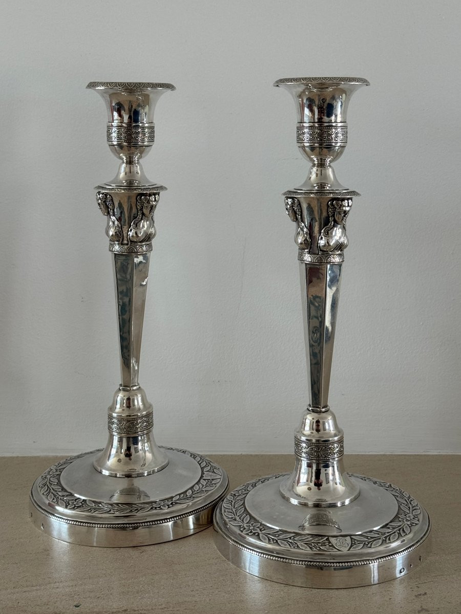 Paire de flambeaux en argent massif d'époque Empire retour d'Egypte par JPN Bibron 1798-photo-8