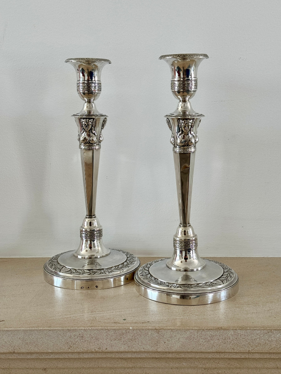 Paire de flambeaux en argent massif d'époque Empire retour d'Egypte par JPN Bibron 1798