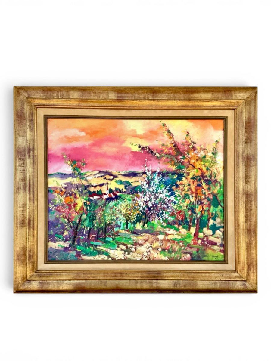 Georges Hosotte (1936) Grande toile - Ciel orangé au printemps - 1995 - 100cm x 86cm