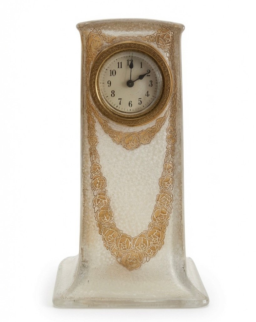 Pendule  Art Nouveau de Saint Louis  en cristal givré à décor de roses dorées – Vers 1909-photo-3