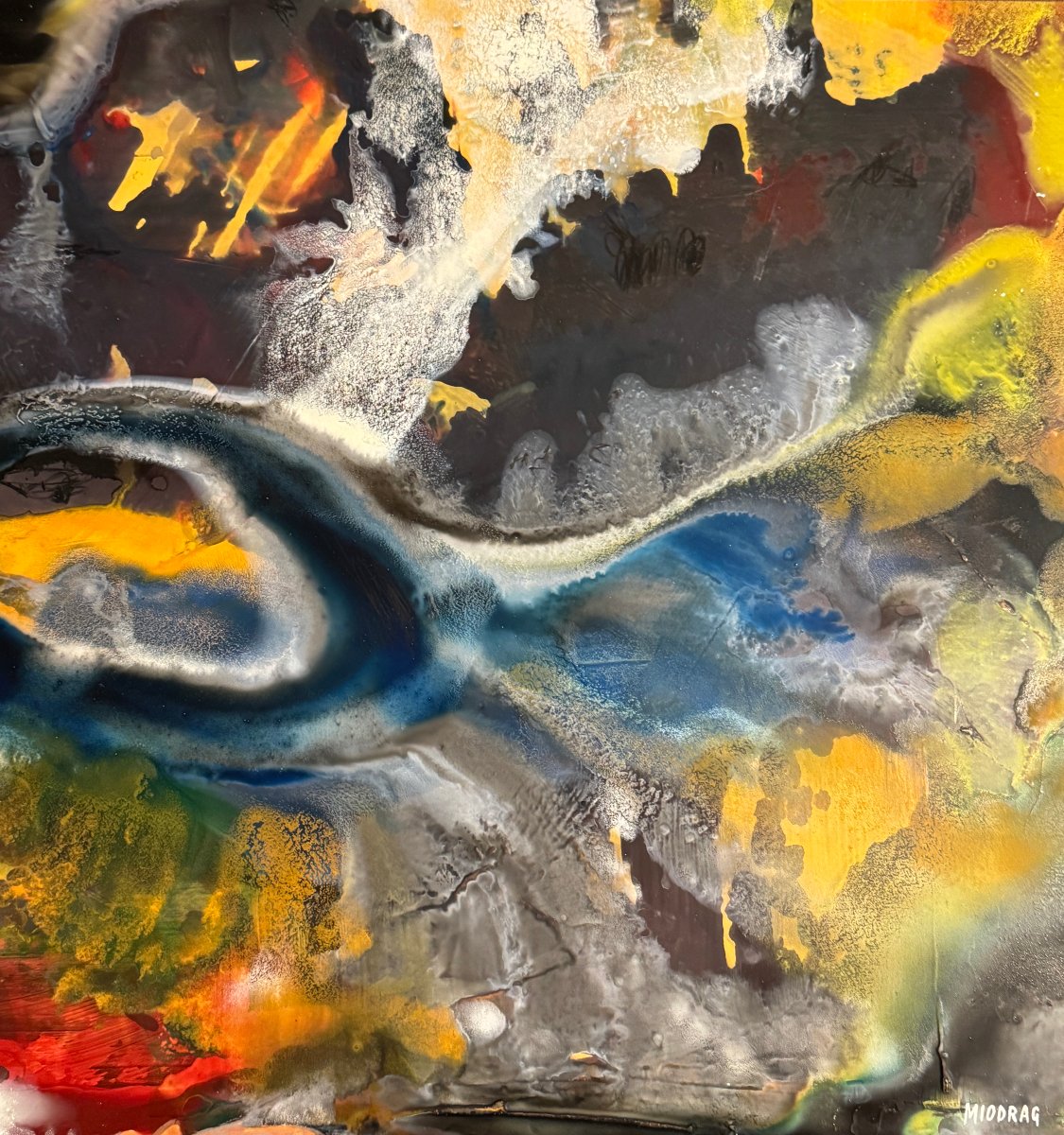 Miodrag đorđević (1936) — Abstract Composition With The Golden Eye Mixed Media / Oil On Cardboard-photo-3