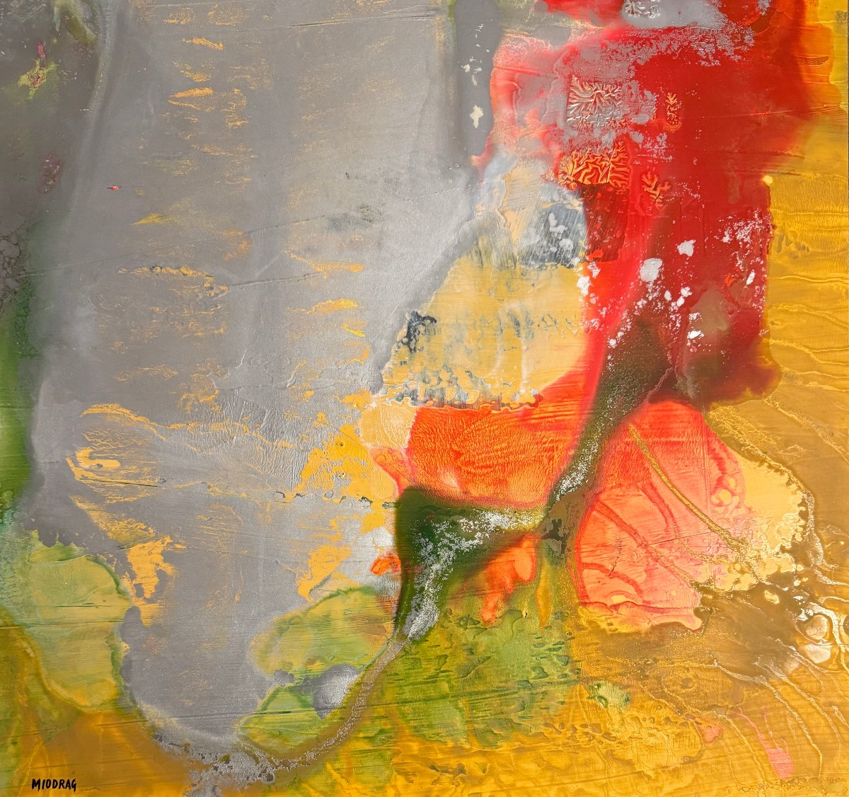 Miodrag đorđević (1936) — Abstract Composition In Silver, Red, And Gold / Oil On Cardboard-photo-2