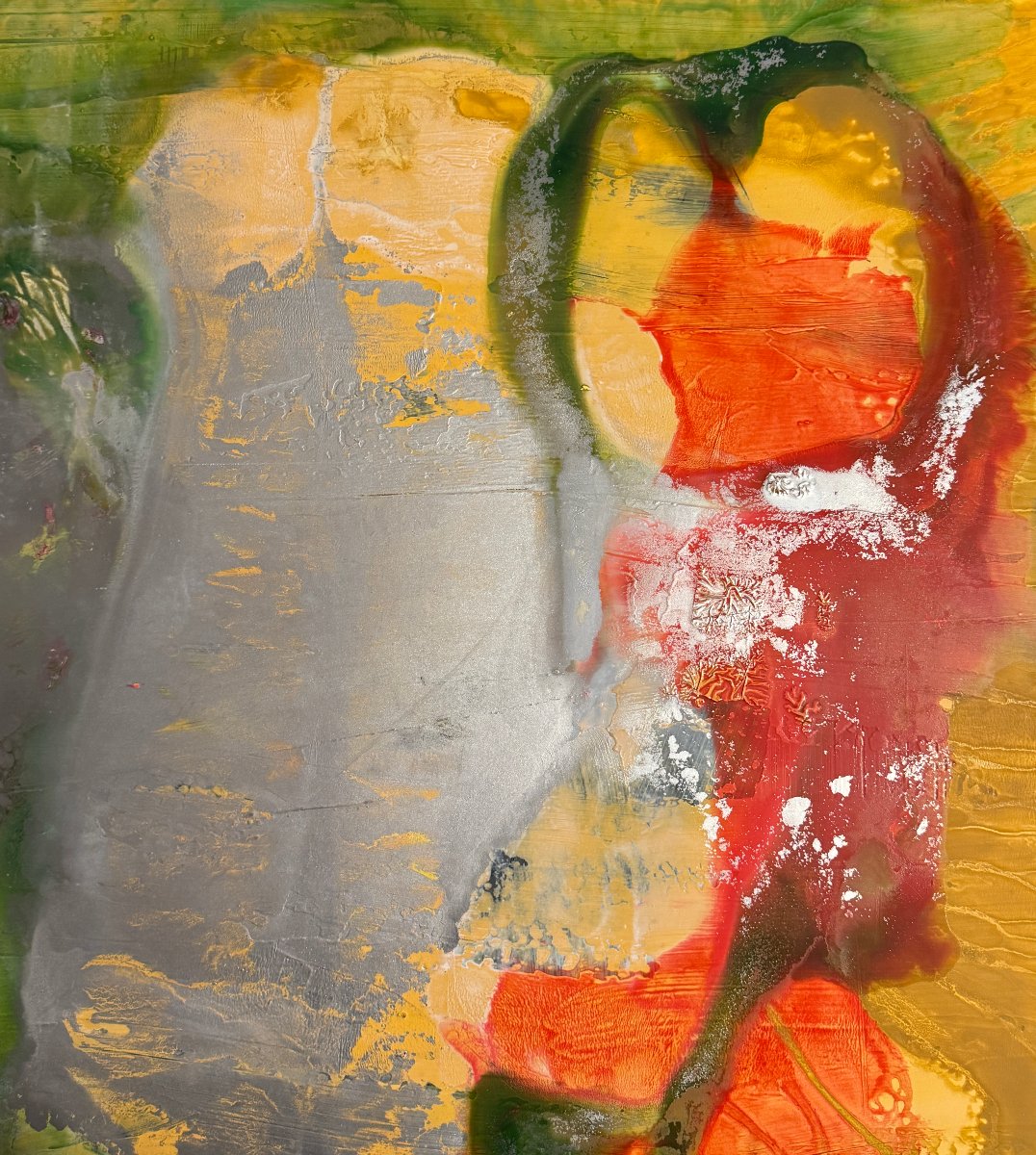 Miodrag đorđević (1936) — Abstract Composition In Silver, Red, And Gold / Oil On Cardboard-photo-4