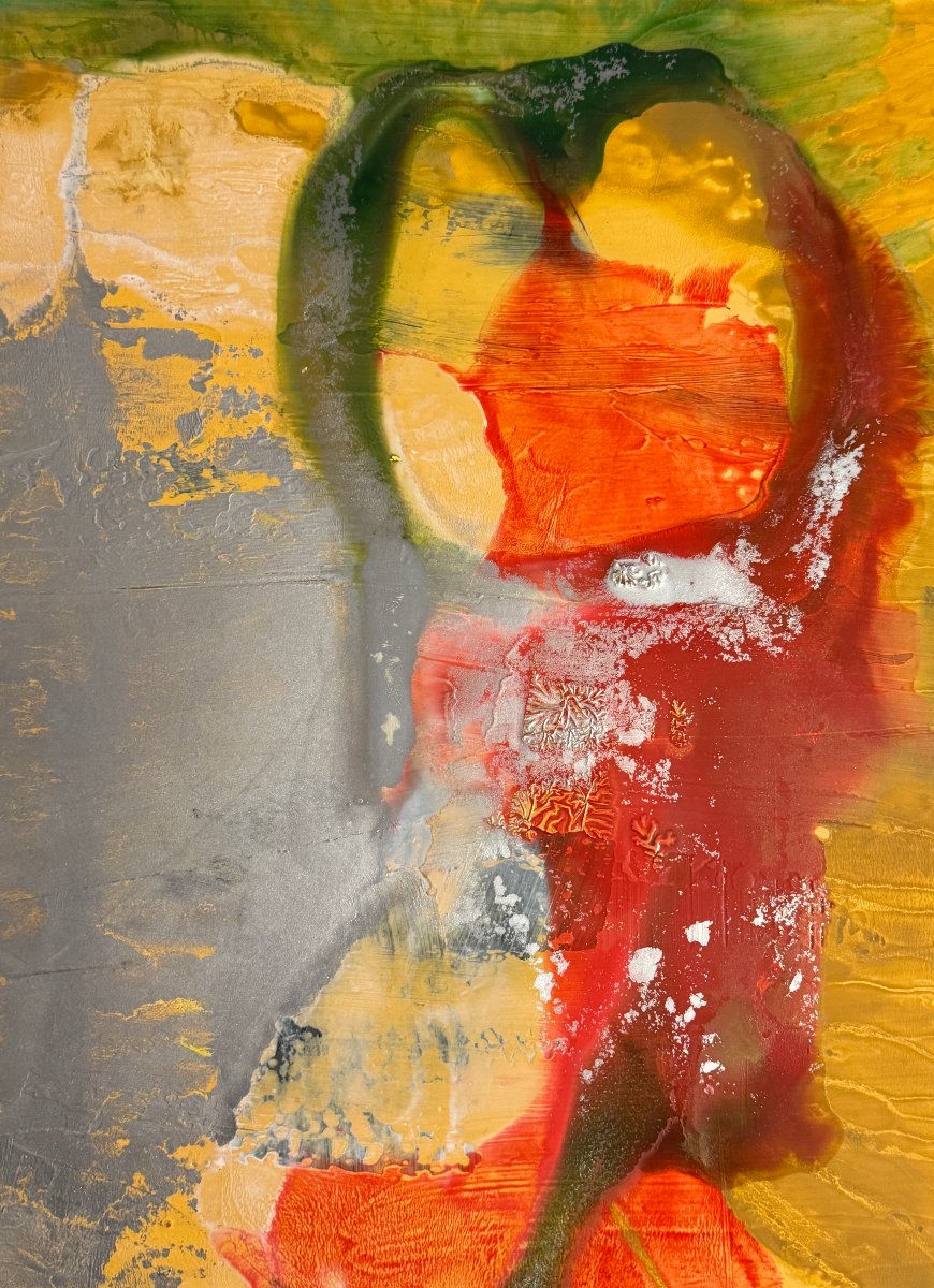 Miodrag đorđević (1936) — Abstract Composition In Silver, Red, And Gold / Oil On Cardboard-photo-1