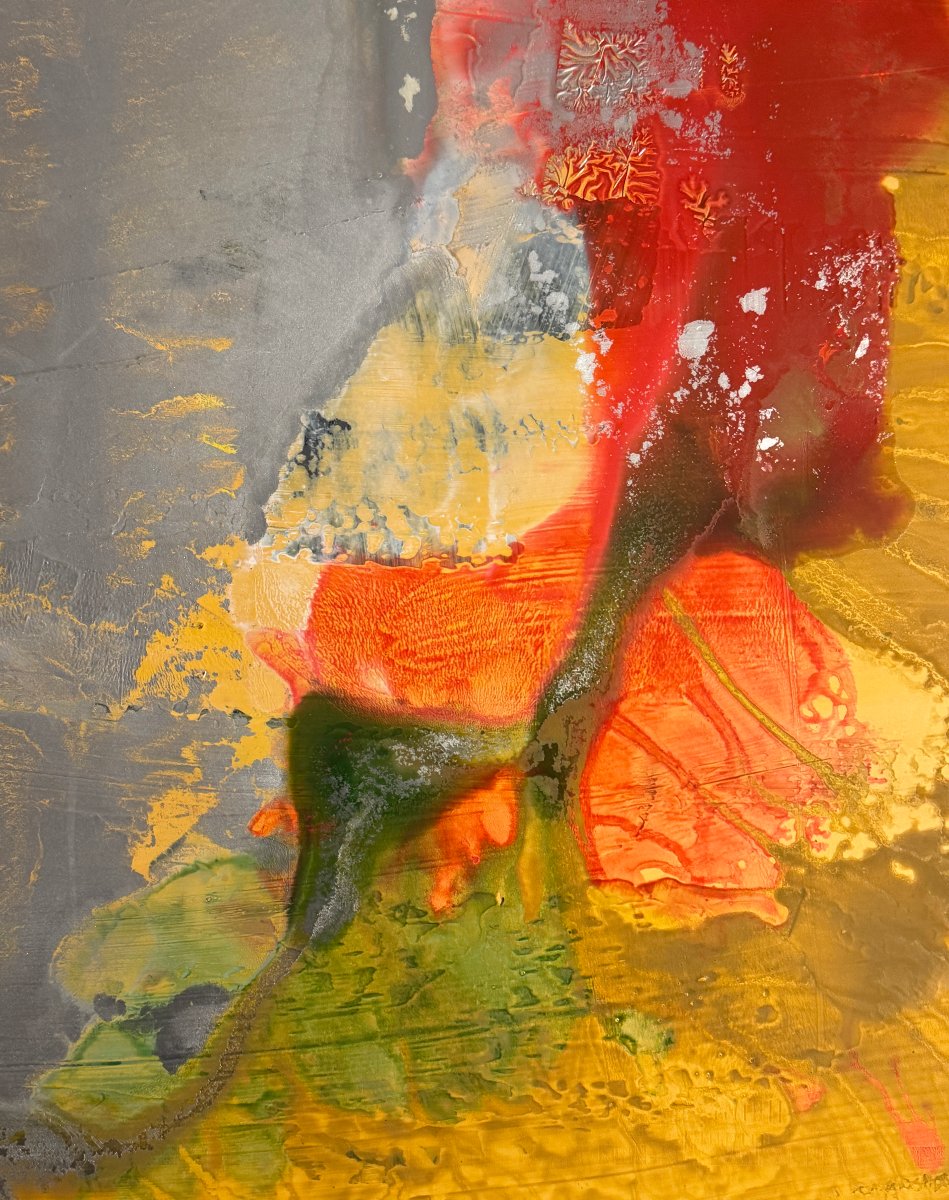 Miodrag đorđević (1936) — Abstract Composition In Silver, Red, And Gold / Oil On Cardboard-photo-2