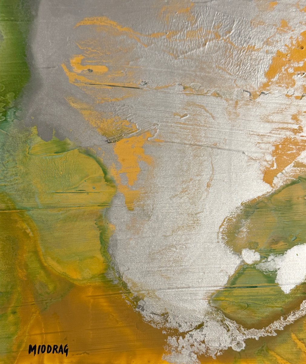 Miodrag đorđević (1936) — Abstract Composition In Silver, Red, And Gold / Oil On Cardboard-photo-3