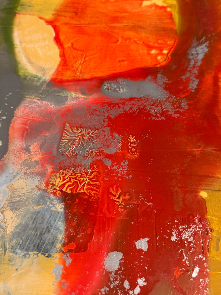 Miodrag đorđević (1936) — Abstract Composition In Silver, Red, And Gold / Oil On Cardboard-photo-4