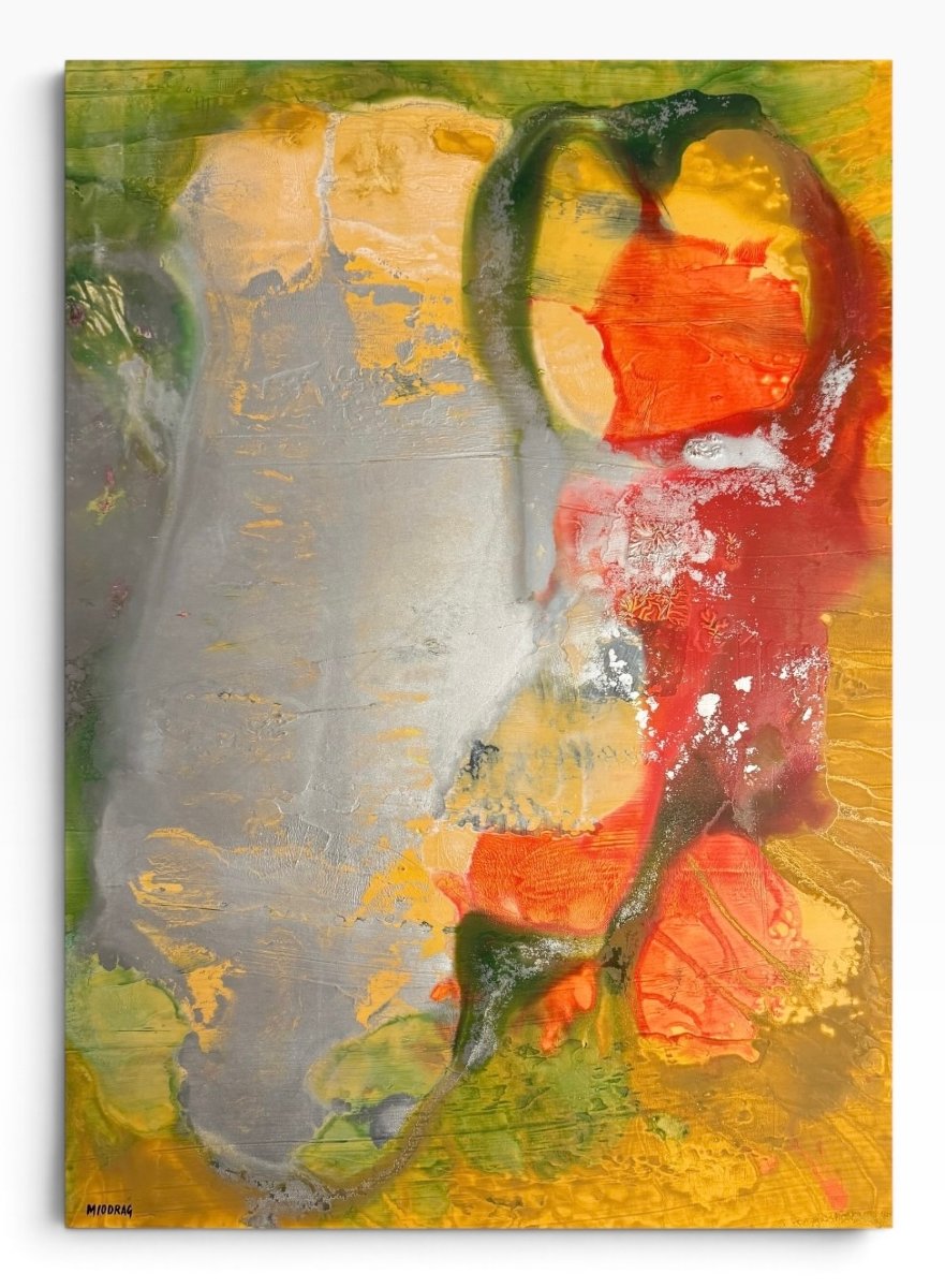 Miodrag đorđević (1936) — Abstract Composition In Silver, Red, And Gold / Oil On Cardboard