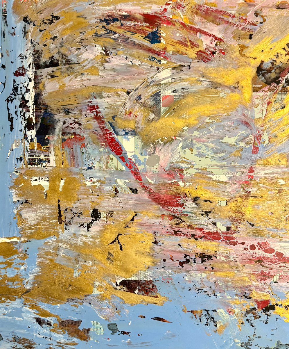 Miodrag Đorđević (1936) — Composition abstraite aux ors et bleu  / huile sur carton-photo-2