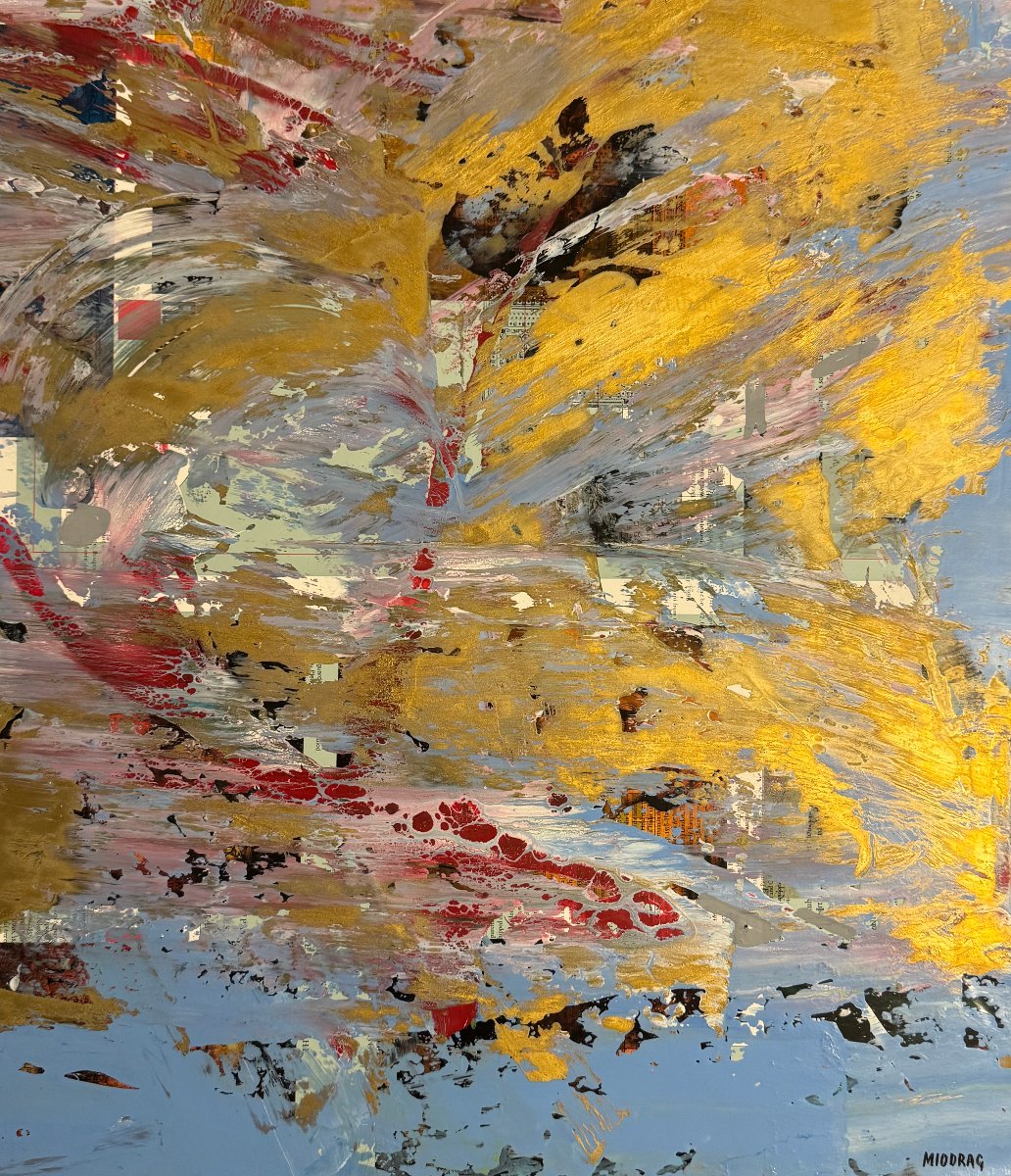 Miodrag Đorđević (1936) — Composition abstraite aux ors et bleu  / huile sur carton-photo-3