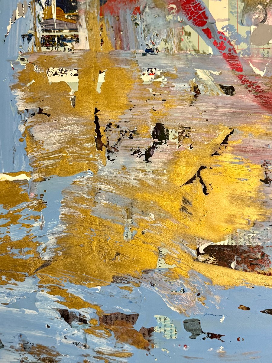 Miodrag Đorđević (1936) — Composition abstraite aux ors et bleu  / huile sur carton-photo-3