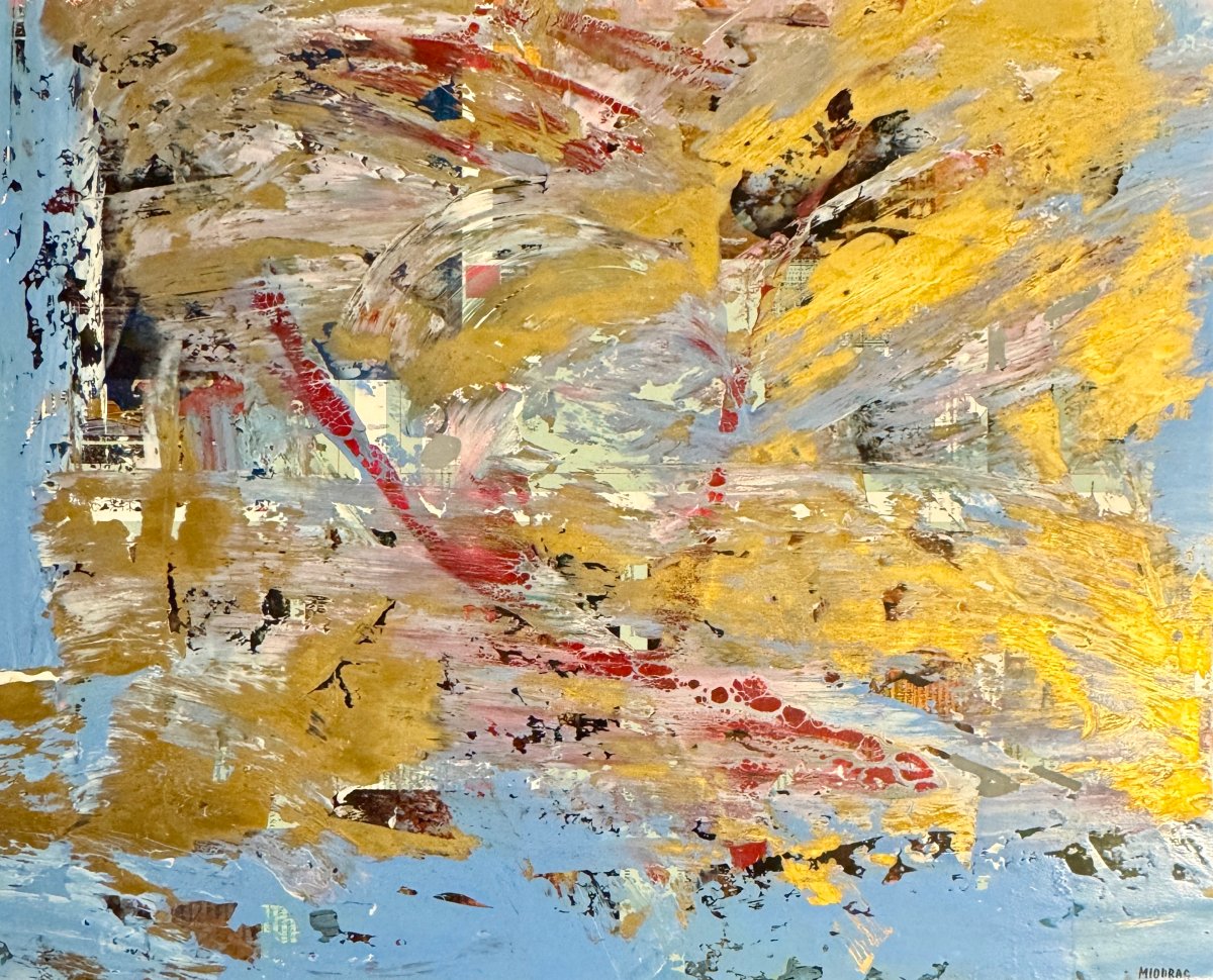 Miodrag Đorđević (1936) — Composition abstraite aux ors et bleu  / huile sur carton