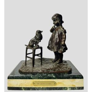 Very Beautiful Group In Bronze By Juan Clara (1875-1958) The Young Girl And Her Dog.