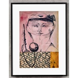 Robert Detheux - 1957 - Aquarelle et collages -  surréaliste - encadrée