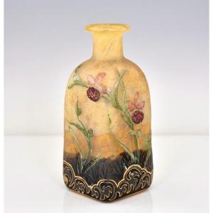 Daum Art Nouveau Enamel Vase - Decorated With Spider Web And Venus Clogs - C.1900