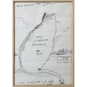 ROLAND TOPOR  " Ceci n"est pas un chat faible " Dessin original à l'encre - hommage à Magritte