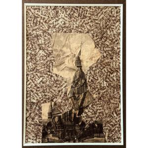 Jiri Kolar - Rare collage poétique majeur de 1976 - Gravure architecturale sur manuscrits