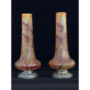 Daum Nancy - Paire de vases aux chardons - circa 1895 - Monture en argent massif minerve
