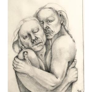 Medi HOLTROP - Rare et grand dessin avec texte en norvegien 