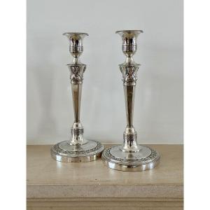 Paire de flambeaux en argent massif d'époque Empire retour d'Egypte par JPN Bibron 1798