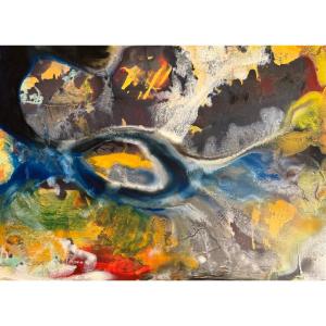 Miodrag Đorđević (1936) — Composition abstraite à l’œil d’or Technique mixte / huile sur carton