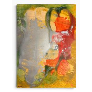 Miodrag Đorđević (1936) — Composition abstraite argent, rouge et or / huile sur carton