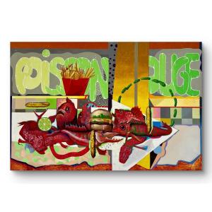 Richard Calculs (1948) Gigantesque huile sur toile " Poisson Rouge " vers 1980 - 150x100cm
