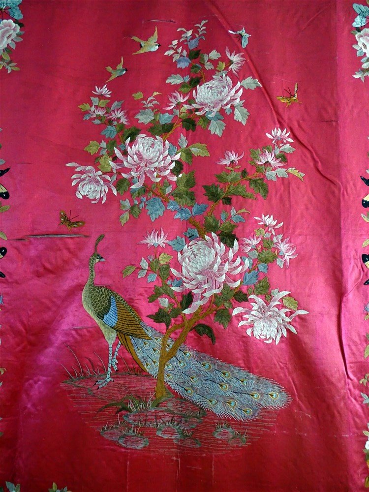 Ancient Chinese Wall Hanging In Pink Silk Polychrome Embroidery Birds Butterflies Asian Art-photo-3
