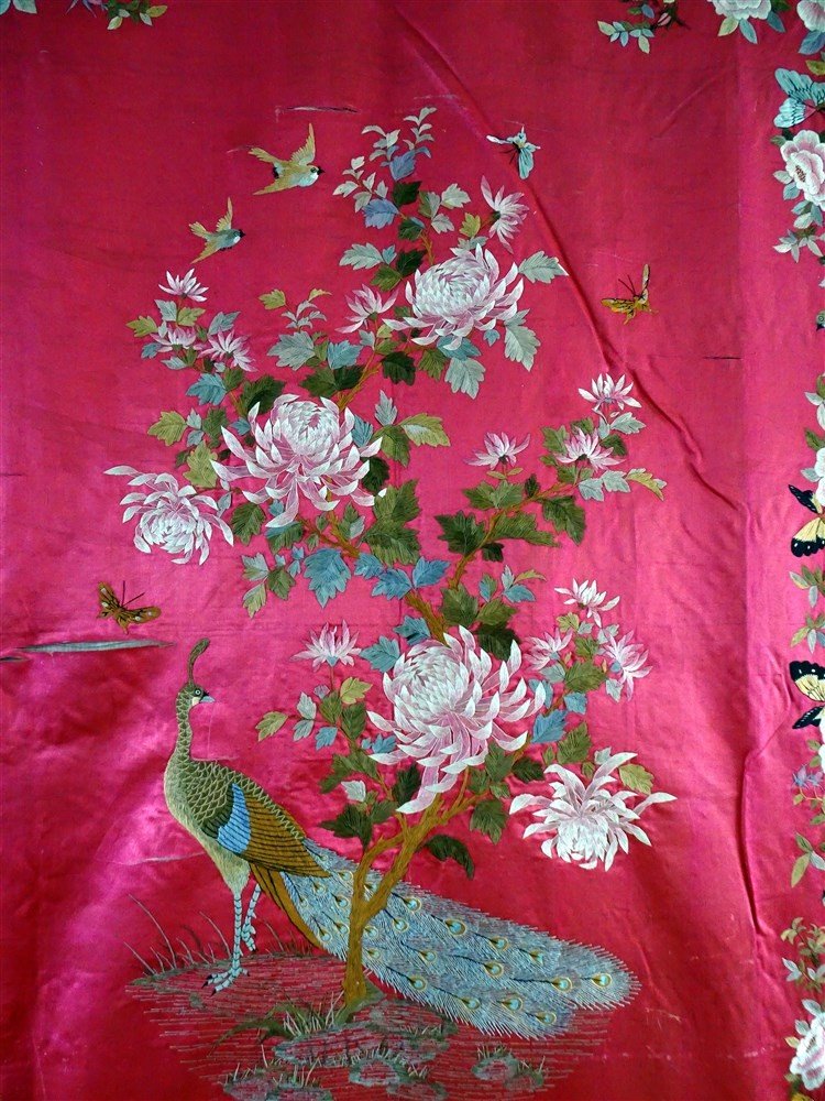 Tenture Chinoise  Ancienne En Soie Rose Broderie Polychrome Oiseaux Papillons Art d'Asie-photo-6
